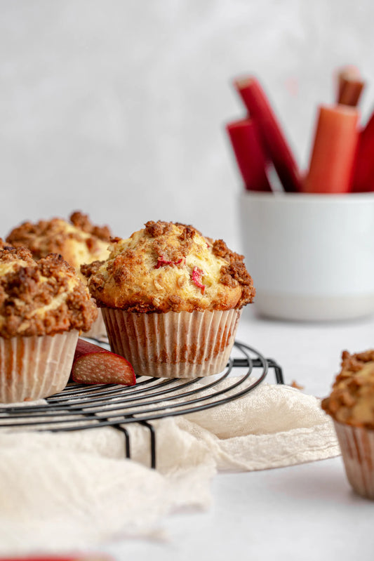 Rhubarb Oat Muffins with Cinnamon Butter Crumble